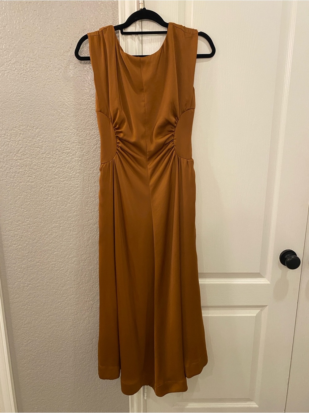 Heyson Terracotta Dull Satin Gathered Waist Side Panel Midi Dress with pockets